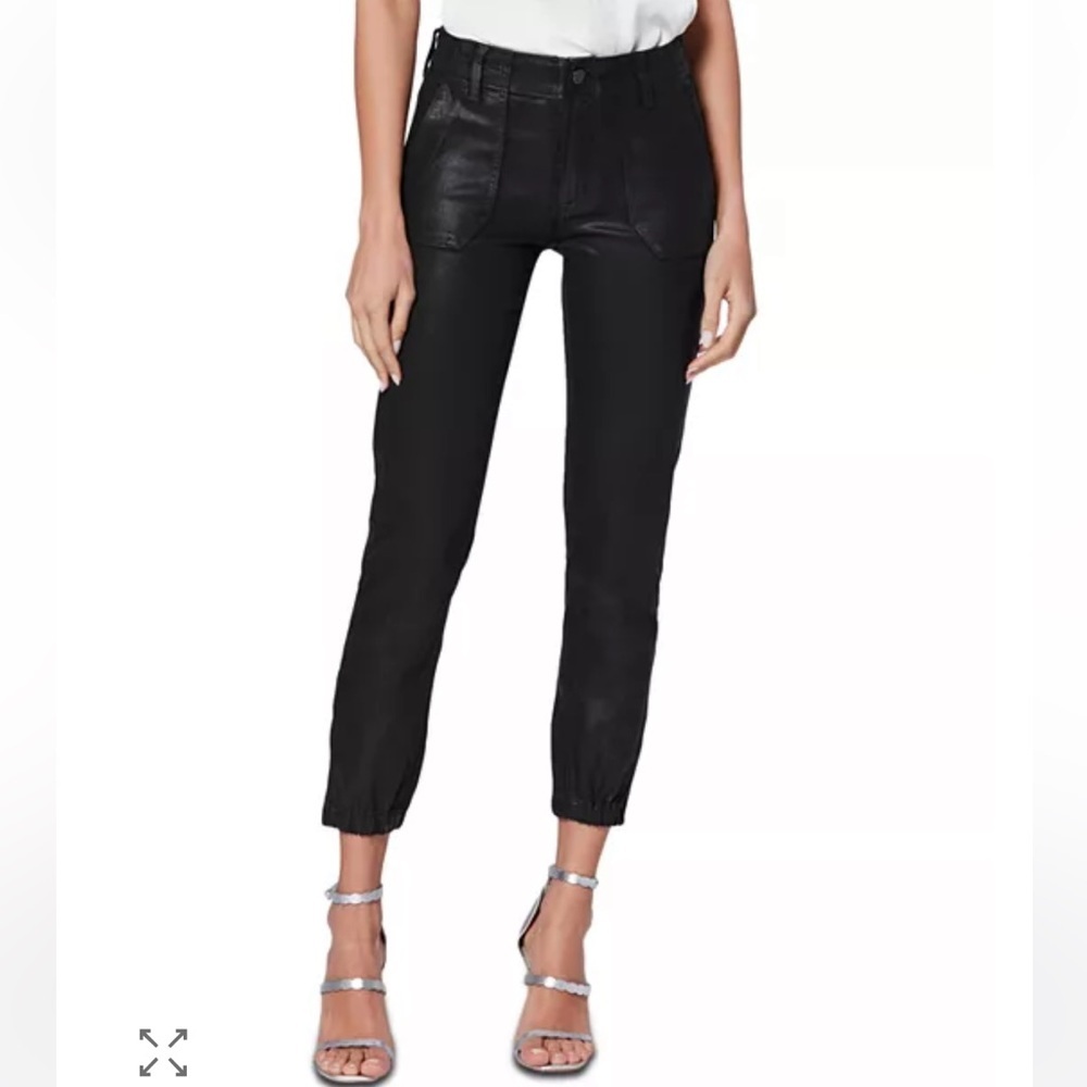 PAIGE Coated Black Mayslie Cropped Joggers in Black Fog Luxe